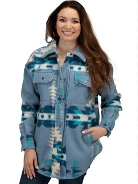 Women's Fornia Blue Patterned Fleece Shacket